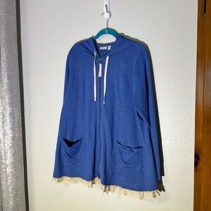 Women’s xl denim blue Logo lounge hoodie with cream lace trim